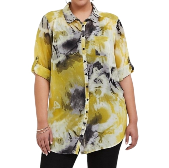torrid Tops - Torrid Chiffon Collared Button-Front Tunic Blouse Yellow Black White Size 3X